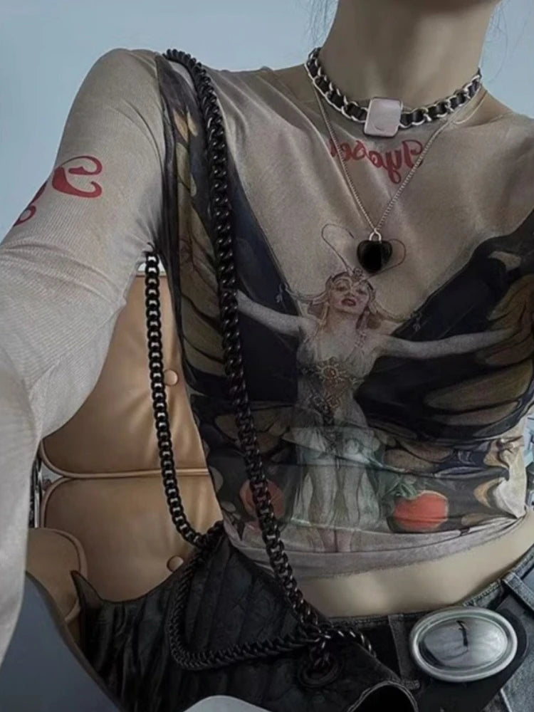 Personality Butterfly Print Long Sleeve T-Shirt See Through Fashion Y2k Aesthetic Slim Crop Top Vintage Sexy Gauze Harajuku Tees