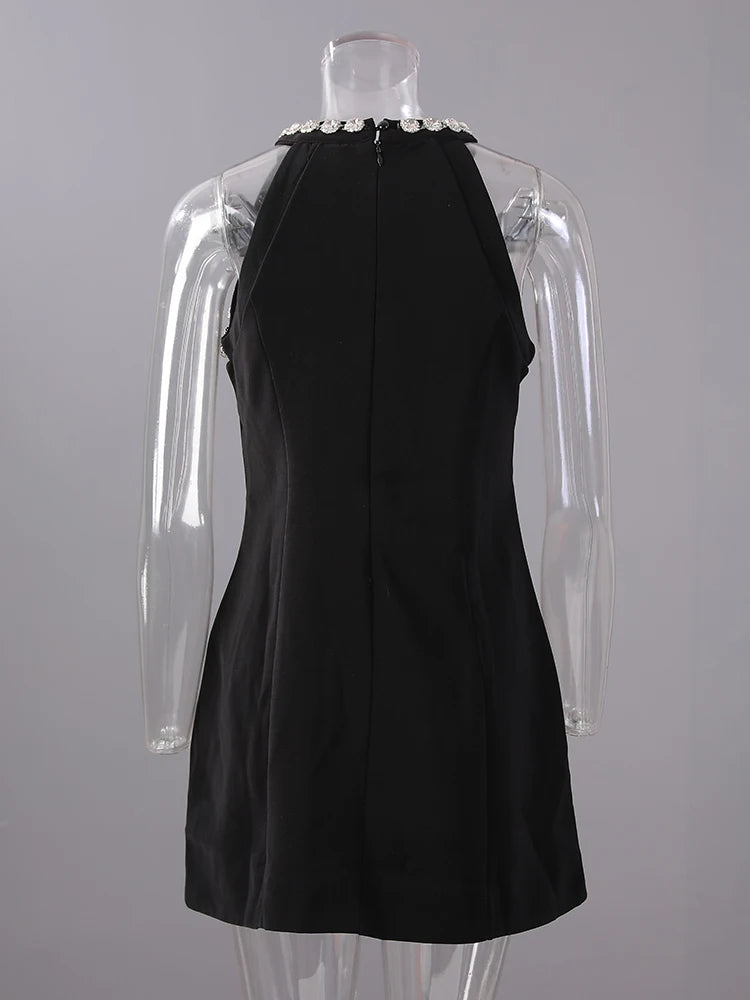 Women Black Rhinestones Spliced Elegant Slim Vest Dress New Round Neck Sleeveless Fashion Tide Spring Summer 2025 CPG2981