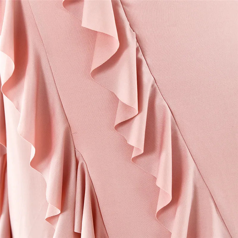 Elegant Ruffle Sexy Maxi Dress Women Spaghetti Strap Flower Sleeveless Backless High Split Club Party Evening Dress