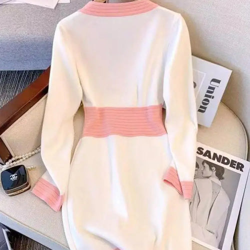 Load image into Gallery viewer, Spring French Black Temperament V Neck Long Sleeve Button Dress Women White Pink Patchwork Office Wrap Hip Knit Short Dress Chic

