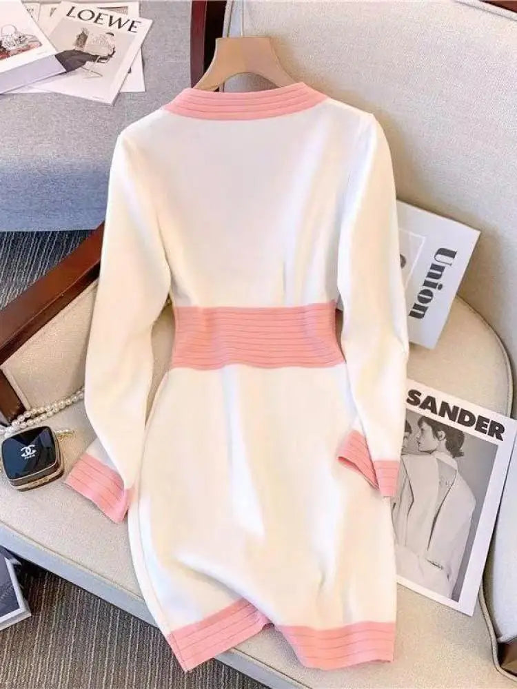 Spring French Black Temperament V Neck Long Sleeve Button Dress Women White Pink Patchwork Office Wrap Hip Knit Short Dress Chic