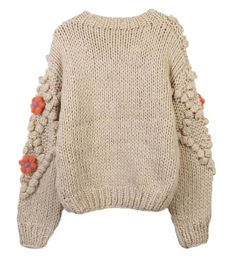 Autumn And Winter Sweater Hand-crocheted Thick Stick Needle Cute Flower Fur Ball Sweet Knitted Coat Sweater Cardigan  C-272