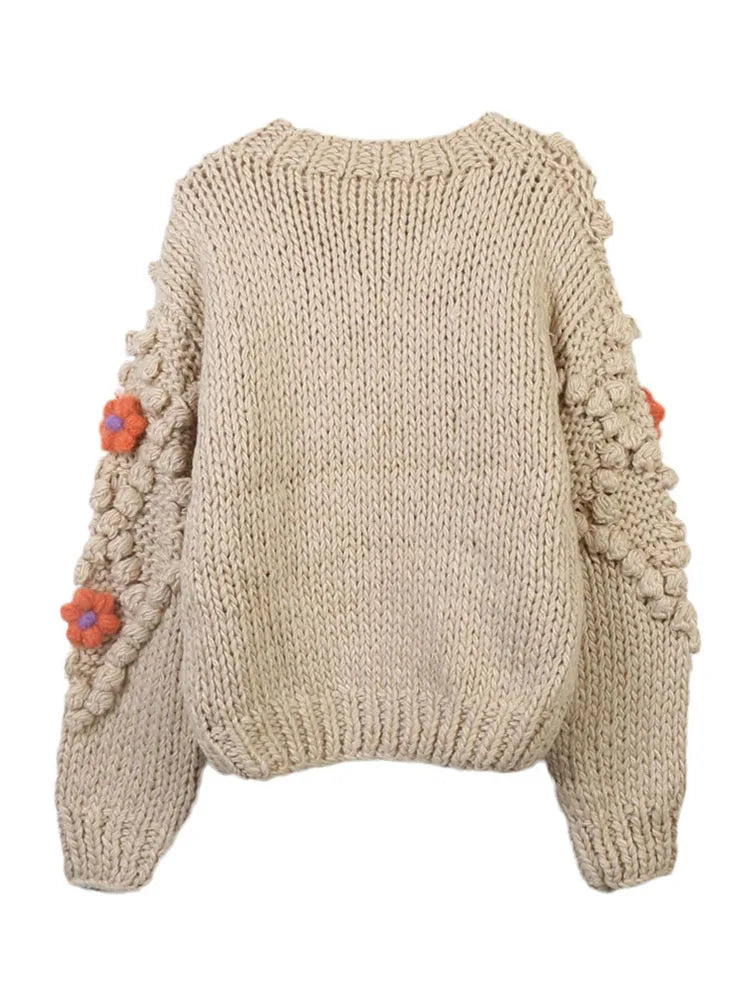 Autumn And Winter Sweater Hand-crocheted Thick Stick Needle Cute Flower Fur Ball Sweet Knitted Coat Sweater Cardigan  C-272