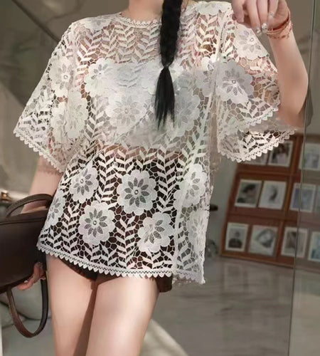 Solid Hollow Out Loose T Shirts For Women O Neck Short Sleeve Minimalist Casual T Shirts Female Fashion Style New