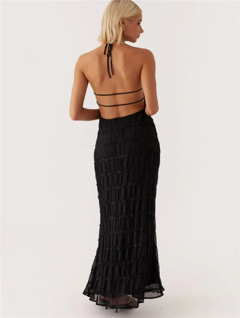 Halter Backless Sexy Maxi Dress For Women Spring Summer New Lace-up Sleeveless Pleated Beach Holiday Long Dress Elegant