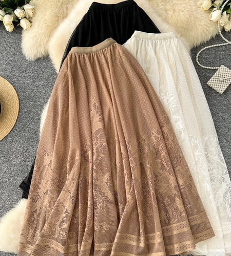 Vintage Elegant Women Black White Mesh High Waist Vacation Long Skirt Autumn Winter New Brown Pleated A-line Short Skirt Popular