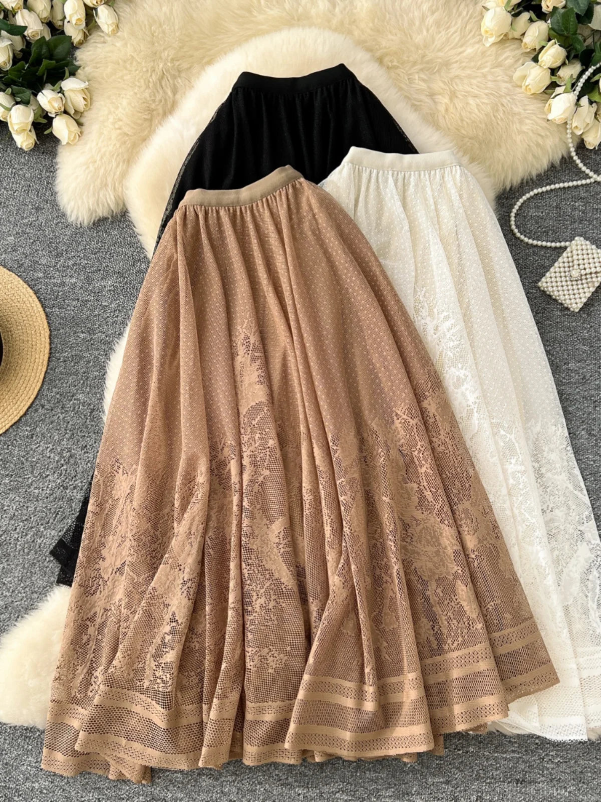 Vintage Elegant Women Black White Mesh High Waist Vacation Long Skirt Autumn Winter New Brown Pleated A-line Short Skirt Popular