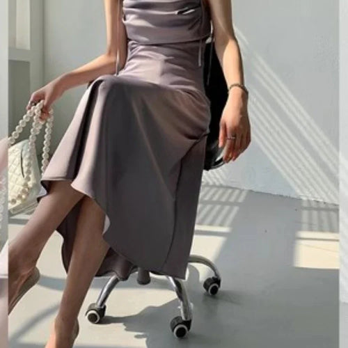 Load image into Gallery viewer, Purple Satin Slip Midi Dress Women Vintage Korean Fashion Lace-up Spaghetti Strap Elegant Party Dresses Summer
