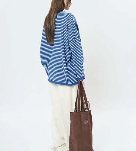 Women Blue Striped Shaped Big Size Knitting T-shirt New Round Neck Long Sleeve Fashion Tide Spring Autumn 2025 1DH9279