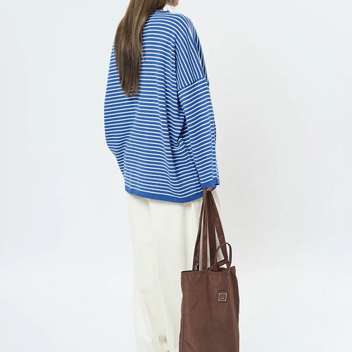 Load image into Gallery viewer, Women Blue Striped Shaped Big Size Knitting T-shirt New Round Neck Long Sleeve Fashion Tide Spring Autumn 2025 1DH9279
