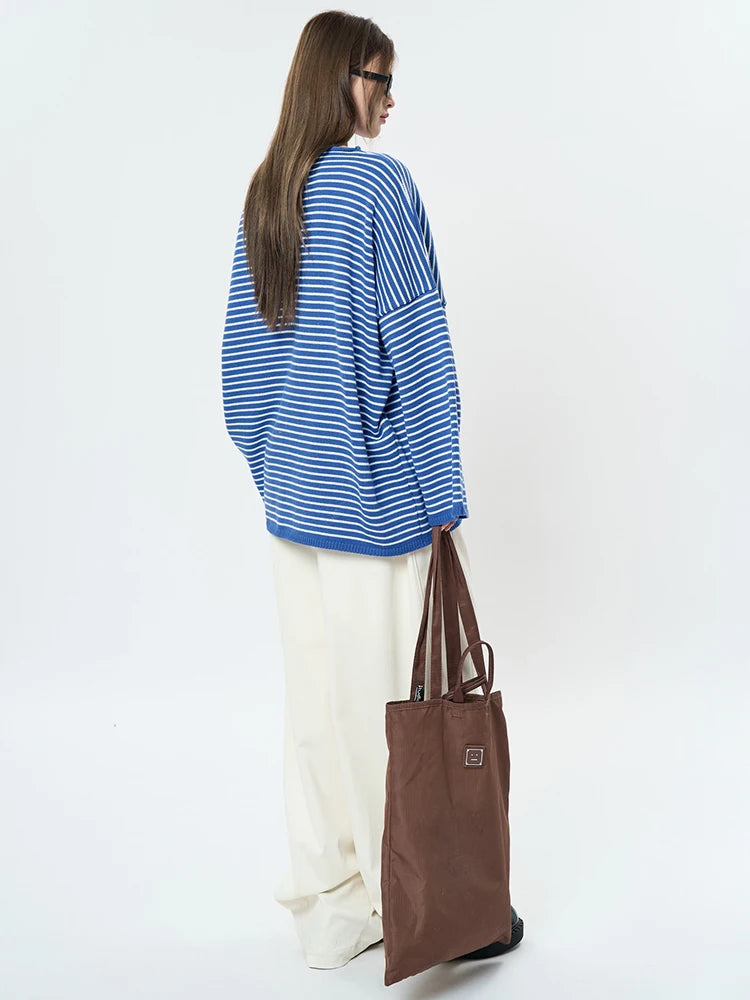 Women Blue Striped Shaped Big Size Knitting T-shirt New Round Neck Long Sleeve Fashion Tide Spring Autumn 2025 1DH9279