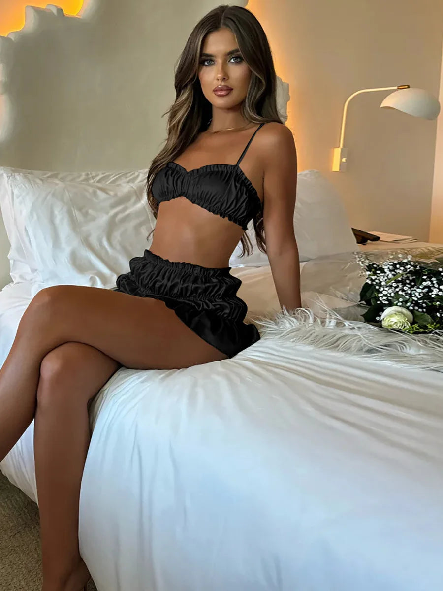 Sexy Sleeveless Bra Top Short Skirt Two-piece Set For Women 2024 Autumn New Pleated Skirt Set Slim Party Beach Holiday