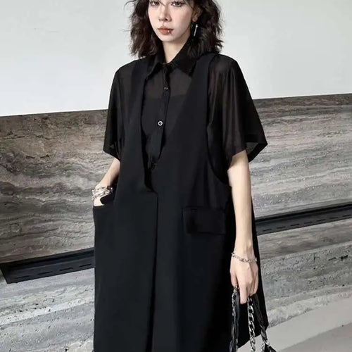 Load image into Gallery viewer, Women Black Pocket Perspective Big Size Mini Shirt Dress New Lapel Half Sleeve Fashion Tide Spring Autumn 2025 1DH5144
