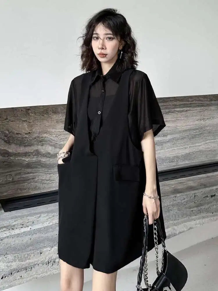 Women Black Pocket Perspective Big Size Mini Shirt Dress New Lapel Half Sleeve Fashion Tide Spring Autumn 2025 1DH5144