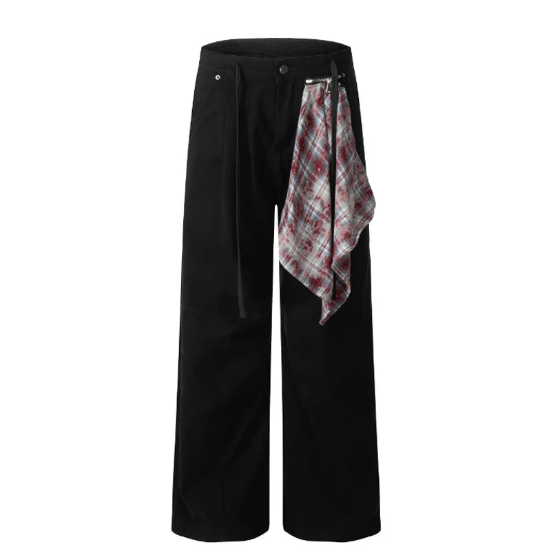 Men's Jeans Splicing Detachable Square Scarf Decoration Straight Wide Leg Trendy Loose Male Personaility Trousers 9W1868