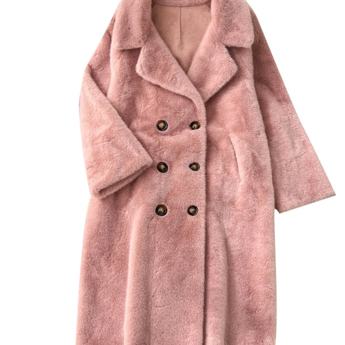 Load image into Gallery viewer, Korean Fashion 2024 Winter Solid Elegant Double-breasted Warm Imitation Mink Fur Coat Women Office Lady Thick Loose Long Jacket

