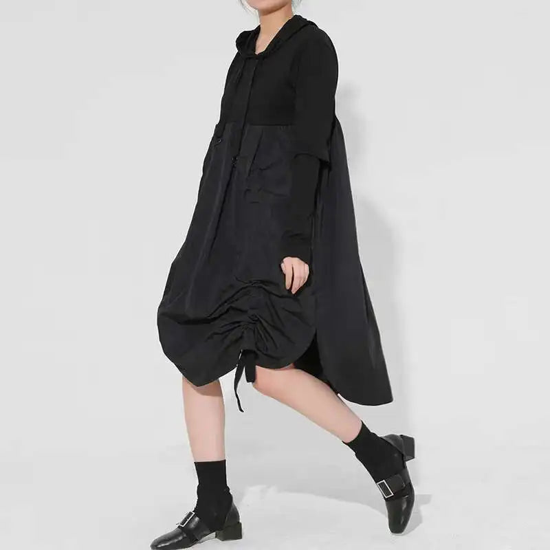 Women Black Drawstring Hollow Out Big Size Irregular Dress New Hooded Long Sleeve Fashion Tide Spring Autumn 2025 JD076