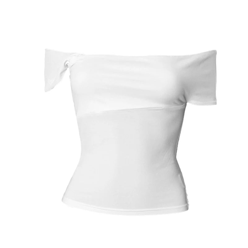 White Crop Top Women Sexy Clothes Solid Color Oblique Shoulder Short Sleeve T Shirt y2k Aesthetic Clothing Streetwear
