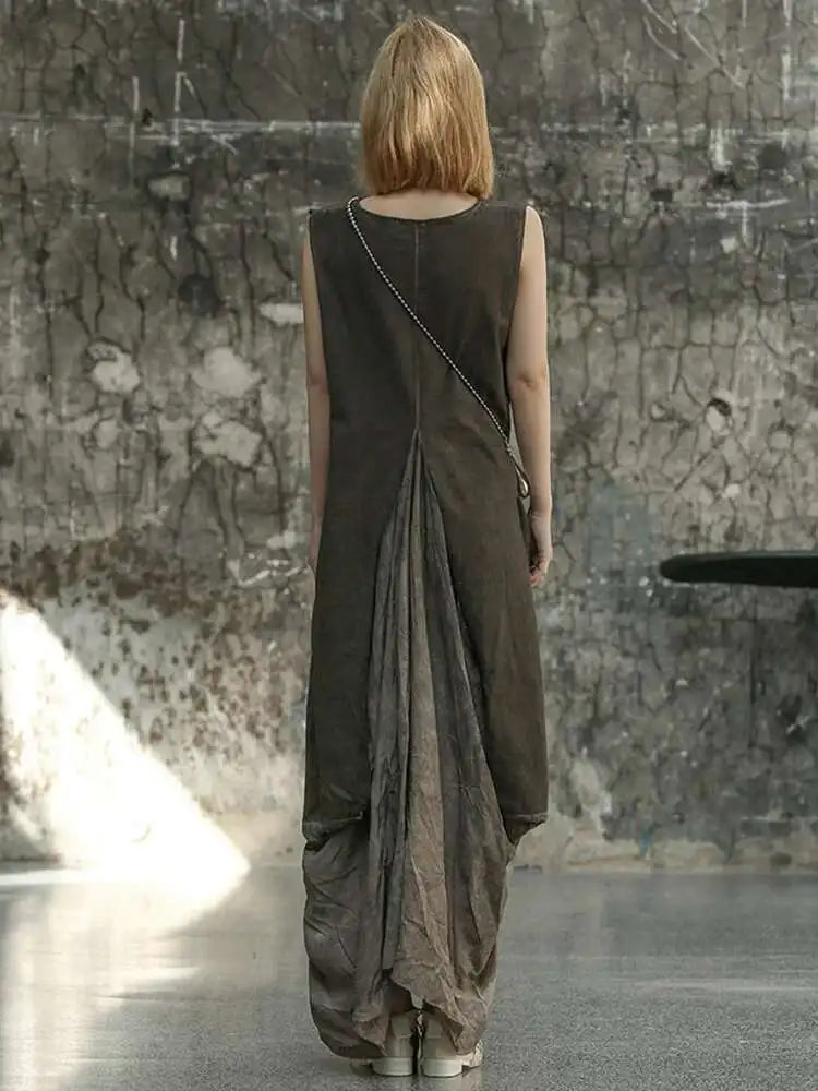 Women Orange Pleated Vintage Casual Dress New Round Neck Sleeveless Loose Fit Fashion Tide Spring Summer 2025 1DF6825