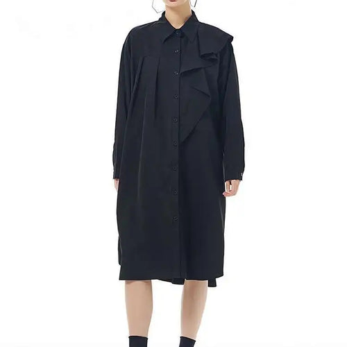 Load image into Gallery viewer, Women Gray Ruffles Pleated Midi Elegant Big Size Shirt Dress New Lapel Long Sleeve Fashion Tide Spring Autumn 2025 1DH7415
