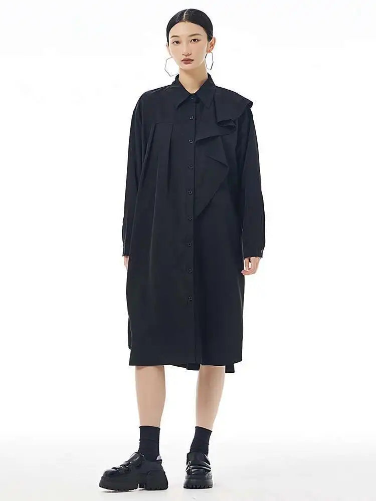 Women Gray Ruffles Pleated Midi Elegant Big Size Shirt Dress New Lapel Long Sleeve Fashion Tide Spring Autumn 2025 1DH7415