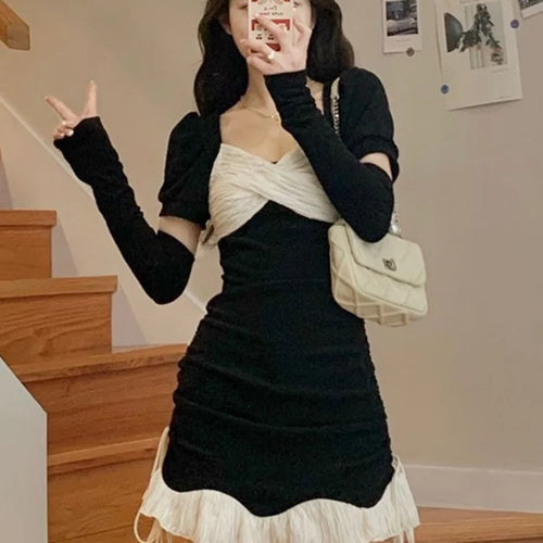 Load image into Gallery viewer, Korean Black Sexy Mini Dress Women Office Ladies Wrap Bodycon Slim Short Dresses Puff Sleeve Sheath Outfits Fashion
