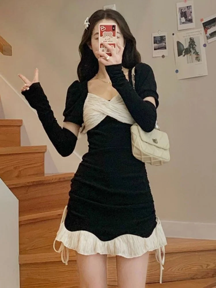 Korean Black Sexy Mini Dress Women Office Ladies Wrap Bodycon Slim Short Dresses Puff Sleeve Sheath Outfits Fashion