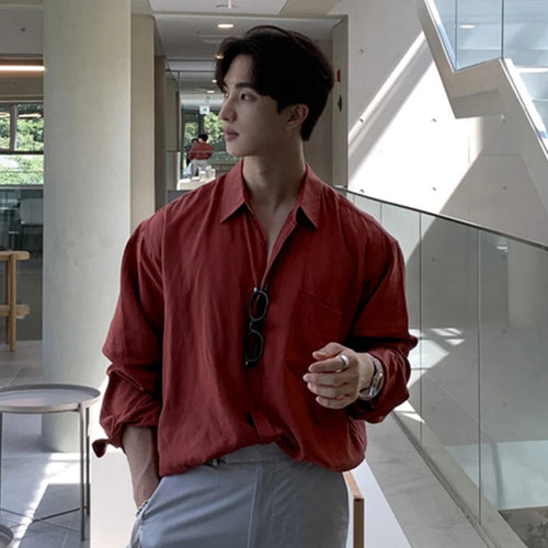 Load image into Gallery viewer, Korean Style Men&#39;s Shirts Turn-down Collar Solid Color Long Sleeve Single Breasted Pockets Design Male Tops New 2025 9C9306
