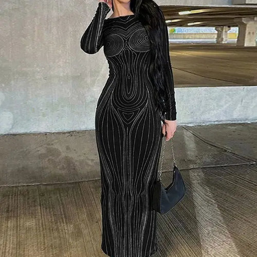 Load image into Gallery viewer, Striped Print Long Sleeve See Through Sexy Bodycon Maxi Dress 2023 Winter Women Y2K Evening Party Festival Clothes
