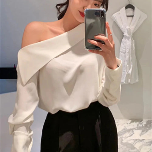 Load image into Gallery viewer, Office Lady Korean Style Black Blouses One Shoulder Sexy Shirts Women Spring Summer Cold Blouse Female Elegant White Tops
