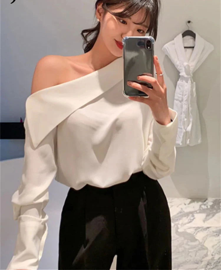 Office Lady Korean Style Black Blouses One Shoulder Sexy Shirts Women Spring Summer Cold Blouse Female Elegant White Tops