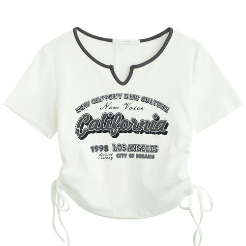 Load image into Gallery viewer, Drawstring Y2k T Shirt Women Letter Crop Top Americal Retro Short Sleeve Tees Korean Graphic Slim Summer Tshirts 2000s Clothes

