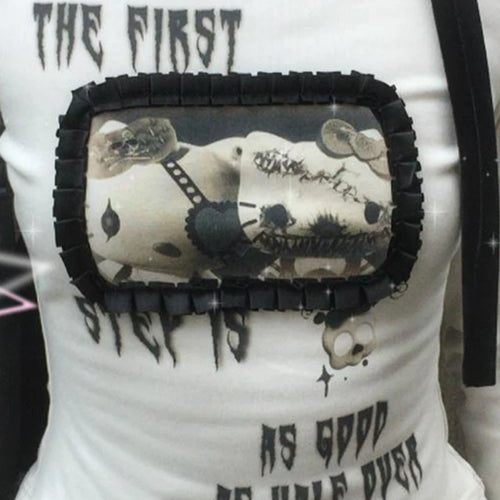 Load image into Gallery viewer, Harajuku Cartoon Print Cute T-shirts Streetwear Slim Fit Y2k Aesthetic Ruffled Autumn Shirts Women Grunge BLace Patchwork Tops
