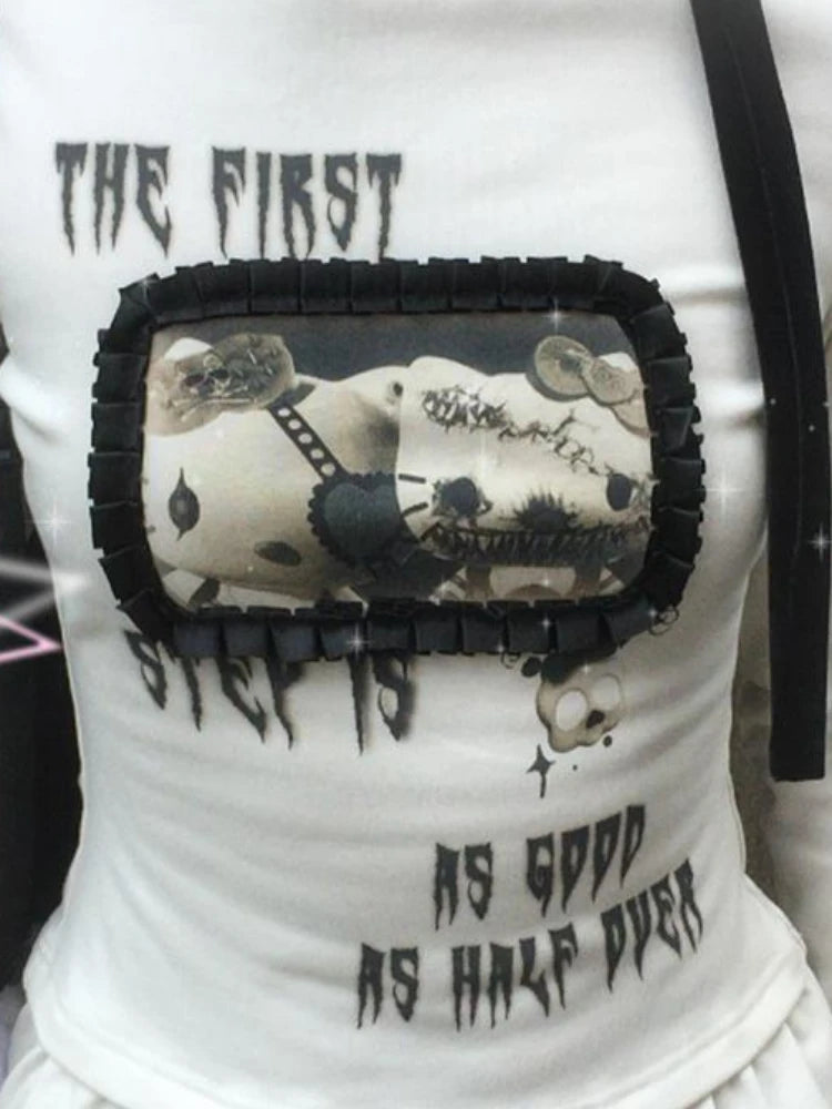 Harajuku Cartoon Print Cute T-shirts Streetwear Slim Fit Y2k Aesthetic Ruffled Autumn Shirts Women Grunge BLace Patchwork Tops