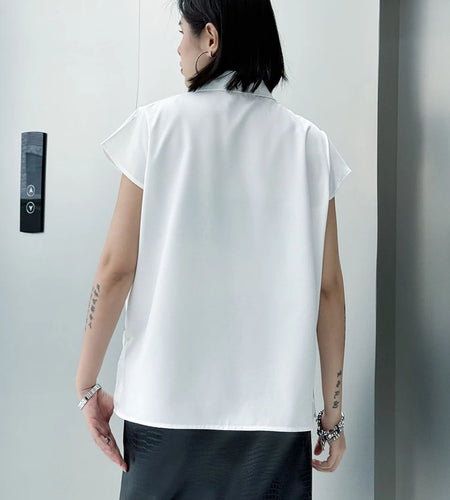 Women White Irregular Spliced Big Size Casual Blouse New Lapel Short Sleeve Shirt Fashion Tide Spring Summer 2025 1DJ1340