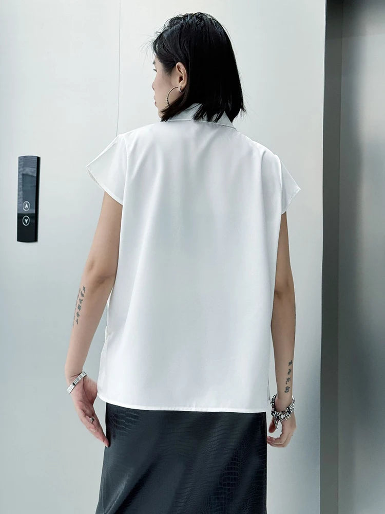 Women White Irregular Spliced Big Size Casual Blouse New Lapel Short Sleeve Shirt Fashion Tide Spring Summer 2025 1DJ1340