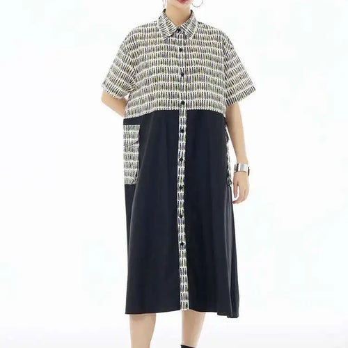 Load image into Gallery viewer, Women Black Printed Color-block Big Size Shirt Dress New Laple Short Sleeve Fashion Tide Spring Summer 2025 1DH6081
