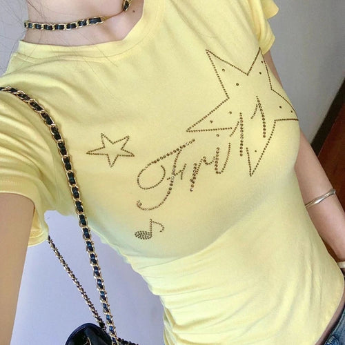 Load image into Gallery viewer, 2025 Summer Yellow Gothic Tee Femme Y2k Aesthetic Slim Women Sexy Crop T-shirt Vintage Diamond Letter Streetwear Grunge Tshirts
