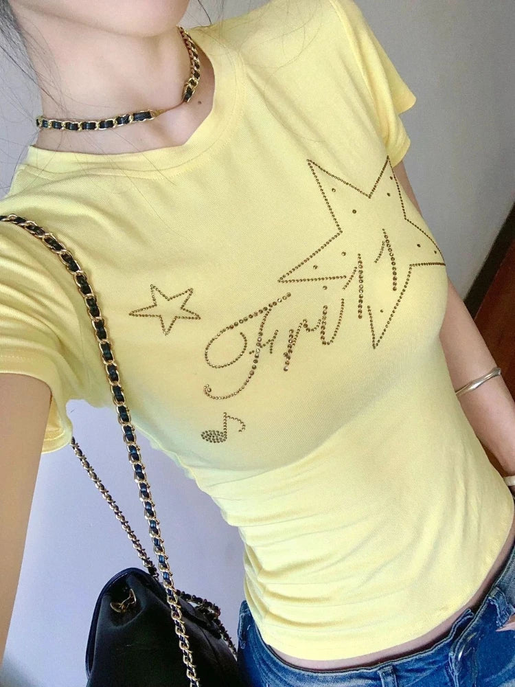 2025 Summer Yellow Gothic Tee Femme Y2k Aesthetic Slim Women Sexy Crop T-shirt Vintage Diamond Letter Streetwear Grunge Tshirts