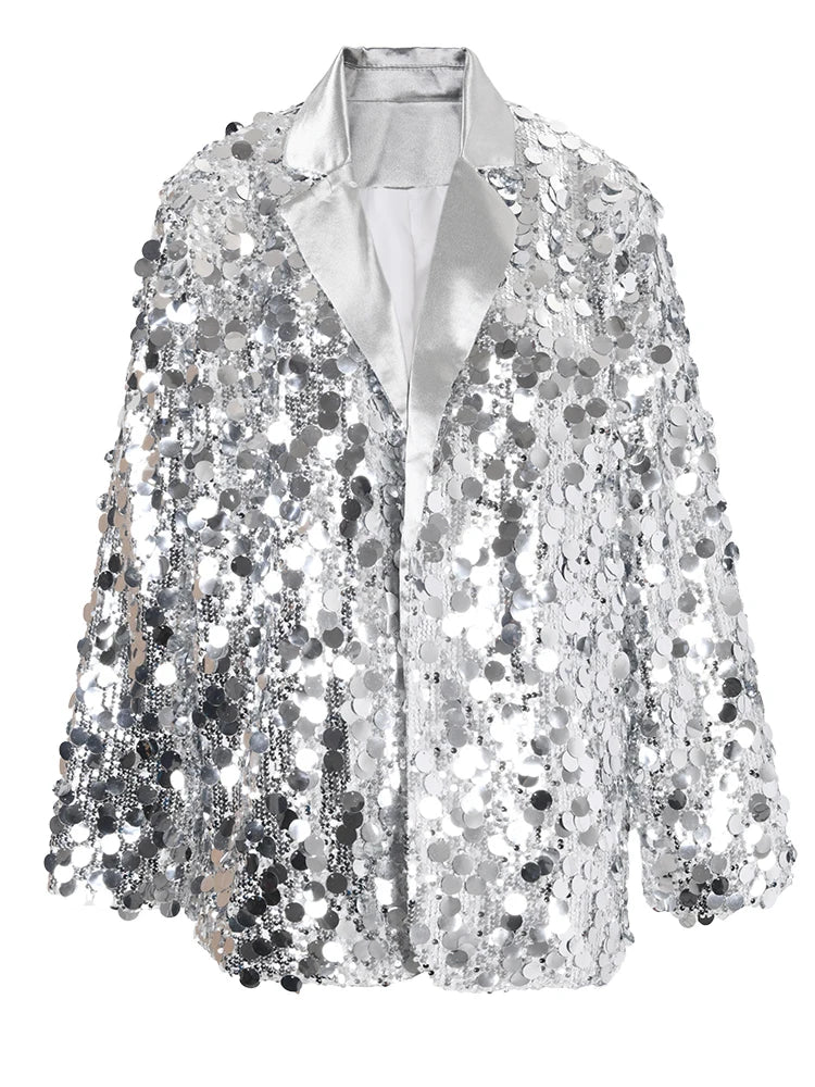 Black Sequins Shining Big Size Casual Jacket New Lapel Long Sleeve Women Coat Fashion Tide Spring Autumn 2025 CPG1020