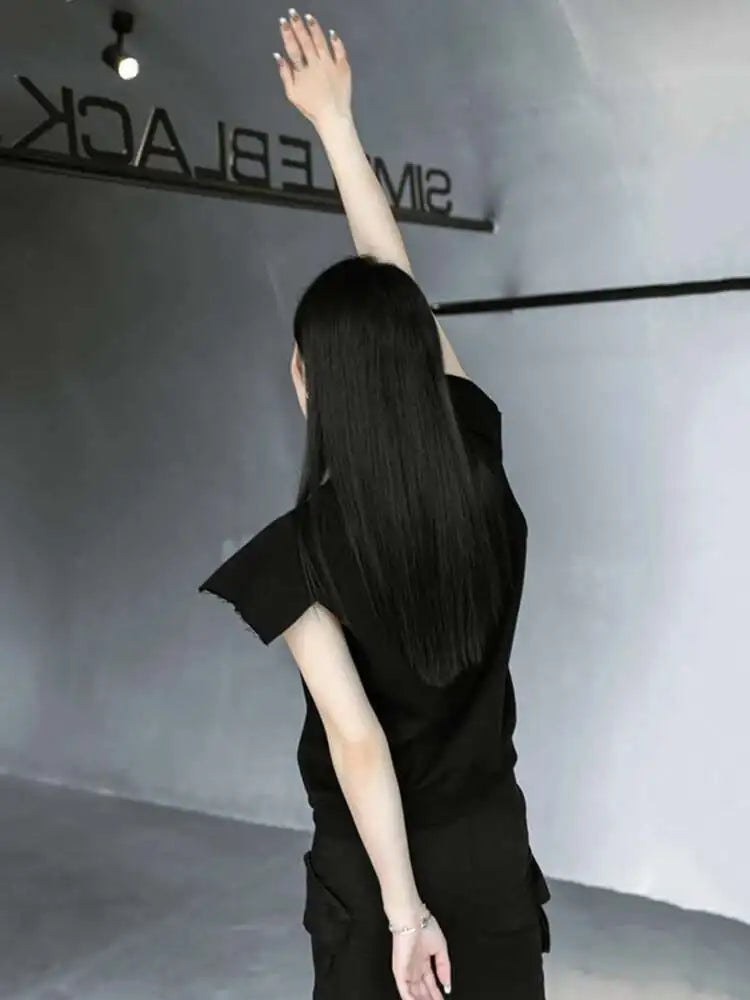 Women Gray Black Shoulder Shaped Casual T-shirt New Round Neck Sleeveless Fashion Tide Spring Summer 2025 1DD9652