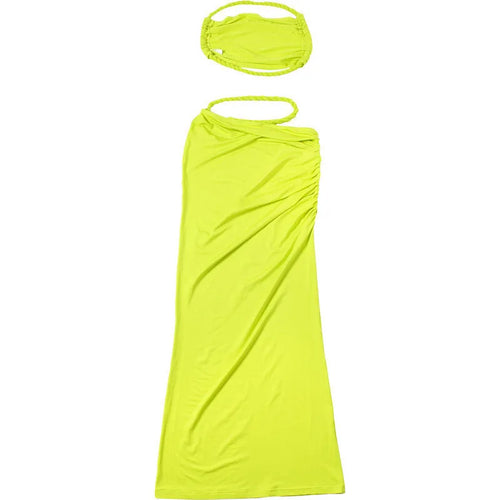 Load image into Gallery viewer, Green Sexy Two Piece Sets Women Oblique Shoulder Crop Tops And Maxi Skirt Female Thigh High Split Ruched Long Dress
