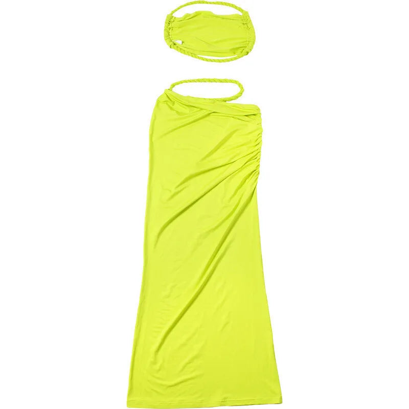 Green Sexy Two Piece Sets Women Oblique Shoulder Crop Tops And Maxi Skirt Female Thigh High Split Ruched Long Dress