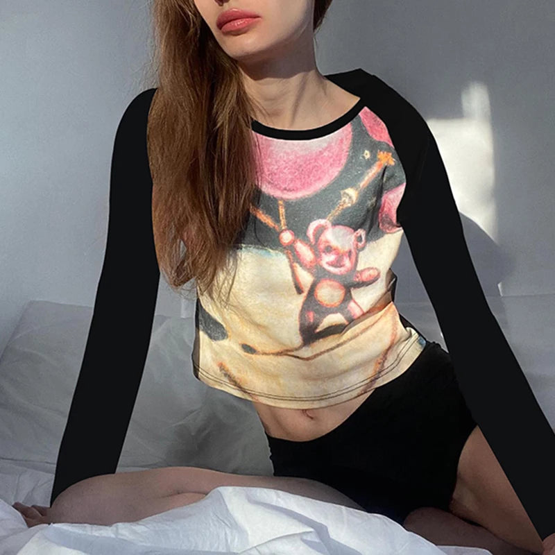 Cute Graphic Printed Tee Baby Y2K Slim Long Sleeve Crop Tops Harajuku Korean Autumn T shirt Female Contrast Clothing