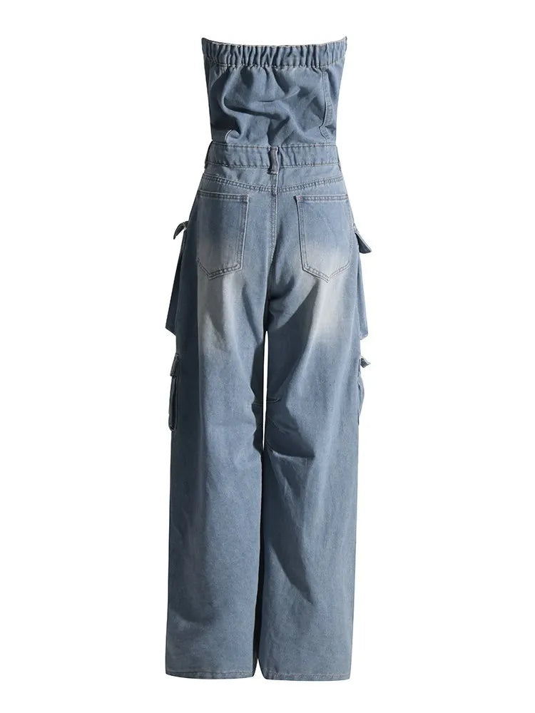 Streetwear Denim Jumpsuits For Women Slash Neck Sleeveless High Waist Spliced More Than A Pocket Loose Jumpsuit Female