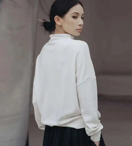 Loose Fit White Topstitched Sweatshirt New Turtleneck Long Sleeve Women Big Size Fashion Tide Spring Autumn 2025 1DF1290