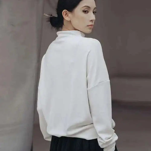 Load image into Gallery viewer, Loose Fit White Topstitched Sweatshirt New Turtleneck Long Sleeve Women Big Size Fashion Tide Spring Autumn 2025 1DF1290
