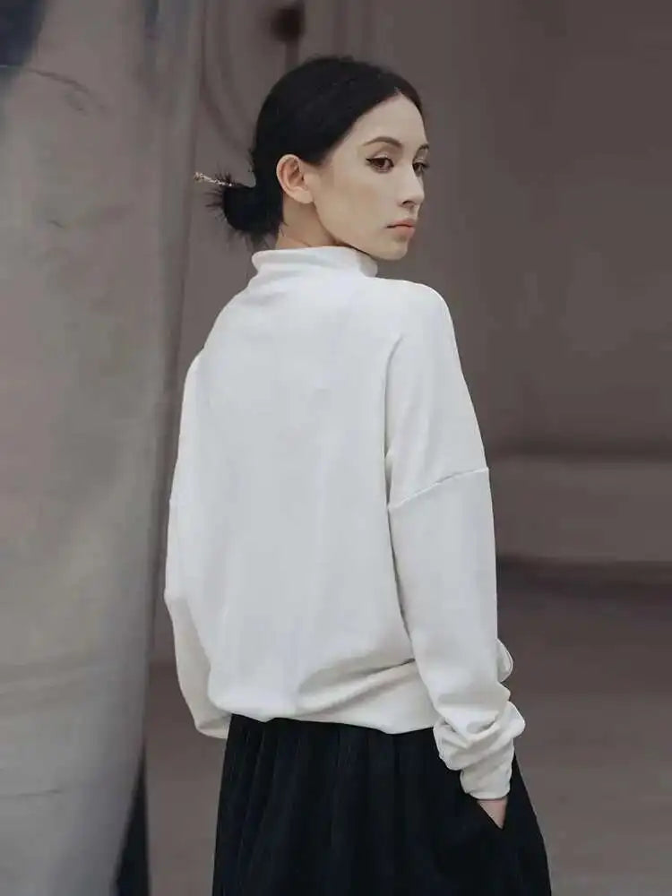 Loose Fit White Topstitched Sweatshirt New Turtleneck Long Sleeve Women Big Size Fashion Tide Spring Autumn 2025 1DF1290