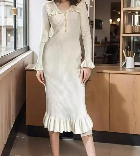 Autumn Winter 2024 Vintage Patchwork Elegant Single Breasted Knit Long Sleeved Dress Women Holiday Slim Ruffles Fishtail Dresses