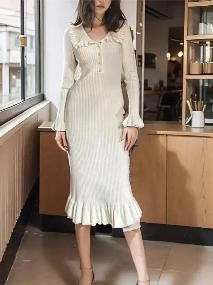 Autumn Winter 2024 Vintage Patchwork Elegant Single Breasted Knit Long Sleeved Dress Women Holiday Slim Ruffles Fishtail Dresses